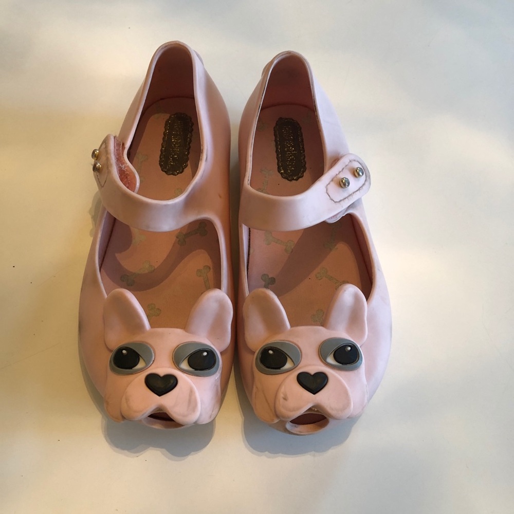 Mini by Melissa light pink French bulldog shoes.